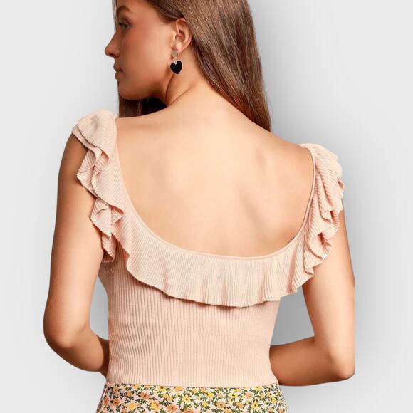 Lulus Medium Blush Pink Ruffled Ribbed Tank Top Scoop Neck Romantic Cottagecore - Picture 4 of 6